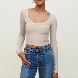 Reformation Beige Scoop Neck Long Sleeve Crop Top